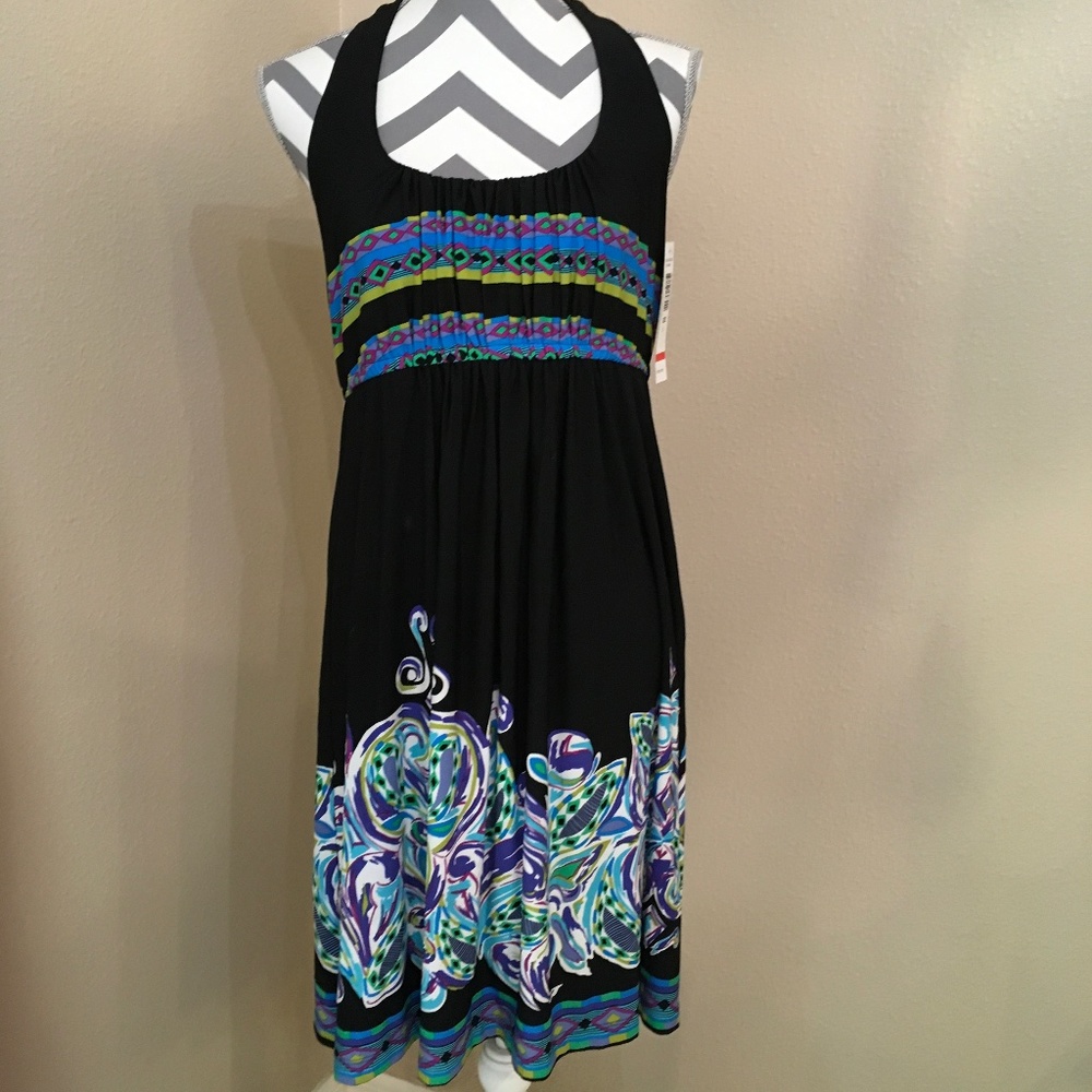 Tiana B. Black Turquoise Printed Strapless Dress NWT Large